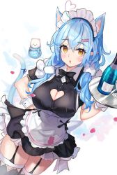 Rule 34 | 1girl, alternate costume, animal ears, apron, black dress, black thighhighs, blue hair, bottle, breasts, cat ears, cat girl, cat tail, cleavage, cleavage cutout, clothing cutout, dress, enmaided, extra ears, garter straps, hand on own hip, heart cutout, highres, holding, hololive, kemonomimi mode, large breasts, long hair, looking at viewer, maid, maid apron, maid headdress, panipo, pointy ears, short sleeves, sidelocks, simple background, solo, tail, tail raised, thighhighs, tray, virtual youtuber, waist apron, white background, wrist cuffs, yellow eyes, yukihana lamy, zettai ryouiki