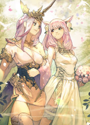 Rule 34 | 2girls, animal ears, asymmetrical clothes, bird, blue eyes, boots, bouquet, bridal garter, cat ears, cleavage cutout, clothing cutout, detached sleeves, dress, final fantasy, final fantasy xiv, flower, hair flower, hair ornament, headgear, hide (hideout), highres, holding another&#039;s arm, hyur, long hair, looking at another, miqo&#039;te, mole, mole under mouth, multiple girls, petals, pink hair, side slit, single detached sleeve, sleeveless, smile, summoner (final fantasy), tail, thigh boots, thighhighs, wedding, white dress, yuri