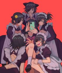 Rule 34 | 1girl, apron, back cutout, black hair, black serafuku, bow, breasts, chainsaw man, cleavage cutout, clone, clothing cutout, eyepatch, green eyes, hairpods, highres, himeno (chainsaw man), holding, holding phone, large breasts, liowig, looking at another, looking at viewer, looking to the side, maid, maid apron, maid headdress, multiple girls, open mouth, phone, red background, red bow, school uniform, serafuku, short hair, short ponytail, simple background, smile, socks, white socks, wrist cuffs