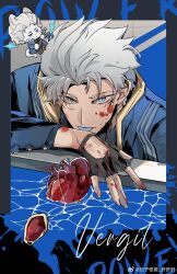 Rule 34 | 1boy, bishounen, blood, blood on face, blue coat, blue eyes, censored, chibi, chibi inset, coat, devil may cry, devil may cry (series), devil may cry 3, fingerless gloves, gloves, hair slicked back, heart, heart censor, highres, holding, licking, licking hand, looking at viewer, male focus, open mouth, qiezi guaishou, red coat, smile, solo, tongue, tongue out, vergil (devil may cry), water, wet, white hair