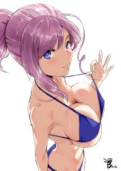 Rule 34 | 1girl, absurdres, bare shoulders, bikini, bikini pull, blinkblink art, blue eyes, blush, breasts, cleavage, closed mouth, clothes pull, fate/grand order, fate (series), from above, from side, halterneck, high ponytail, highres, large breasts, looking to the side, miyamoto musashi (fate), pink hair, purple bikini, revision, sidelocks, signature, smile, solo, standing, strap pull, swimsuit, torso, underboob
