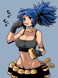 Rule 34 | 1girl, abs, armpits, arms up, blue eyes, blue hair, blush stickers, breasts, can, cleavage, crop top, earrings, eating, explosive, eyelashes, food, gloves, grenade, grey eyes, groin, jewelry, kara age, large breasts, leona heidern, long hair, looking away, matching hair/eyes, metal slug, midriff, navel, pants, ponytail, purple background, signature, simple background, snk, solo, spoon, sports bra, tank top, the king of fighters