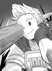 Rule 34 | 1boy, boku no hero academia, cape, closed mouth, costume, gloves, gradient background, greyscale, hada (minhw215), hand on own face, highres, looking down, monochrome, quiff, smile, solo, spikes, squatting, superhero costume, togata mirio, upper body
