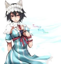 Rule 34 | 1girl, animal ears, arm behind back, bad id, bad pixiv id, between breasts, black hair, blush, breasts, brown eyes, fantasy earth zero, female focus, gradient background, hand on own chest, headdress, ribbon, shiroesa, short hair, solo, white background, wrist cuffs