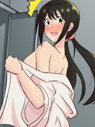 Rule 34 | 1girl, armpits, artist request, back, bare back, barefoot, black hair, blush, breasts, brown eyes, clenched hands, collarbone, dougi, embarrassed, eyelashes, feet, female focus, from side, hair ornament, highres, idolmaster, idolmaster cinderella girls, indoors, karate gi, large breasts, locker, locker room, long hair, long sleeves, long twintails, looking at viewer, low twintails, nakano yuka, namco, neck, no bra, open clothes, open mouth, open shirt, pov, shirt, shoulder blades, sideboob, sidelocks, standing, surprised, tears, turning head, twintails, undressing, very long hair, white shirt