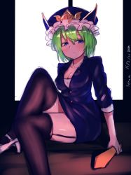 Rule 34 | 1girl, absurdres, alternate costume, bad id, bad twitter id, black thighhighs, blue eyes, breasts, cleavage, collarbone, cowboy shot, formal, garter straps, green hair, hat, highres, jacket, looking at viewer, office lady, pencil skirt, pyonsuke (pyon2 mfg), rod of remorse, shiki eiki, short hair, simple background, sitting, sketch, skirt, skirt suit, solo, suit, thighhighs, touhou