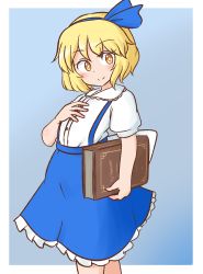 Rule 34 | 1girl, alice margatroid, alice margatroid (pc-98), blonde hair, blue bow, blue hairband, blue skirt, bow, bright pupils, closed mouth, commission, grimoire of alice, hair bow, hairband, hand on own chest, highres, looking at viewer, mizusoba, pixiv commission, shirt, short hair, simple background, skirt, smile, solo, standing, suspenders, touhou, touhou (pc-98), white background, white pupils, white shirt, yellow eyes