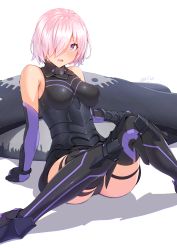 Rule 34 | 1girl, arm support, armor, armored dress, armored leotard, black thighhighs, commentary request, elbow gloves, eyebrows hidden by hair, fate/grand order, fate (series), full body, gloves, hair over one eye, highres, leotard, light purple hair, looking at viewer, mash kyrielight, nanahime, open mouth, purple eyes, purple footwear, purple gloves, purple leotard, shield, short hair, signature, sitting, solo, thighhighs, thighs