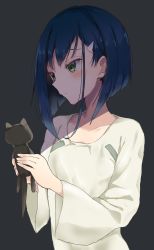 Rule 34 | 10s, 1girl, absurdres, black background, blue hair, blush, collarbone, darling in the franxx, hair ornament, hairclip, highres, holding, ichigo (darling in the franxx), light, long sleeves, nightgown, seseri7th, short hair, simple background, solo, stuffed animal, stuffed cat, stuffed toy, two-handed, upper body, white nightgown, wide sleeves