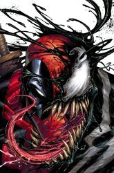 1boy black_bodysuit bodysuit close-up deadpool deadpool_(series) highres looking_at_viewer marvel open_mouth portrait red_bodysuit sharp_teeth simple_background slime_(substance) solo spider-man_(series) symbiote teeth two-tone_bodysuit tyler_kirkham venom_(marvel) white_background