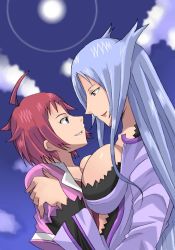Rule 34 | 00s, 2girls, :d, ahoge, blue sky, breasts, cleavage, day, dragonaut, from side, holding, huge breasts, large breasts, long hair, long sleeves, machina (dragonaut), multiple girls, open mouth, outdoors, profile, red hair, short hair, silver hair, sky, smile, souya akira, sun, sunlight, upper body, very long hair
