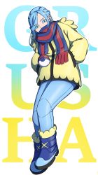 Rule 34 | 1boy, androgynous, blue eyes, blue footwear, blue hair, boots, character name, coat, creatures (company), eyes visible through hair, full body, game freak, grusha (pokemon), hands in pockets, highres, jacket, male focus, mefomefo, nintendo, poke ball print, pokemon, pokemon sv, scarf, scarf over mouth, snow boots, solo, striped clothes, striped scarf, two-tone scarf, winter clothes, winter coat, yellow jacket
