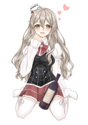 Rule 34 | 1girl, bottle, bow, bowtie, brown eyes, corset, grey hair, hat, highres, kantai collection, mini hat, miniskirt, namakarashi, pleated skirt, pola (kancolle), red bow, red bowtie, red skirt, shirt, sitting, skirt, solo, thick eyebrows, thighhighs, tilted headwear, wariza, wavy hair, white shirt, white thighhighs, wine bottle