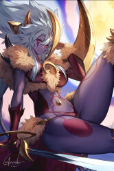 Rule 34 | 1girl, breasts, closed mouth, colored skin, duel monster, elbow gloves, fur trim, genyaky, gloves, grey hair, hand up, highres, holding, holding sword, holding weapon, knee up, large breasts, long hair, looking at viewer, lunalight leo dancer, purple gloves, purple skin, red eyes, signature, sitting, solo, sword, thighs, weapon, yu-gi-oh!