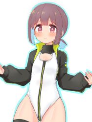 Rule 34 | 1girl, blue hair, blunt bangs, blush, brown eyes, brown hair, cleavage cutout, clothing cutout, commentary request, cosplay request, es04b, highres, hozuki momiji, leotard, long sleeves, looking at viewer, multicolored hair, onii-chan wa oshimai!, short hair, short ponytail, simple background, solo, thighs, two-tone hair, white background, zipper