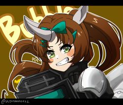 Rule 34 | 1girl, absurdres, animal ears, arknights, armor, artist request, blush stickers, brown hair, bubble (arknights), character name, full body, grey eyes, highres, horns, letterboxed, long hair, looking at viewer, non-web source, pauldrons, rhinoceros girl, shoulder armor, single horn, smile, solo, source request, tail
