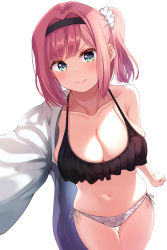 Rule 34 | 1girl, absurdres, bikini, black hairband, breasts, cleavage, cloud, commentary request, cowboy shot, green eyes, hair intakes, hairband, highres, large breasts, mismatched bikini, mochizuki momiji, new game!, one side up, pink hair, selfie, sh1m4o, side-tie bikini bottom, simple background, smug, solo, swimsuit, thigh gap, white background