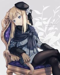 Rule 34 | 1girl, black pantyhose, blonde hair, blue eyes, blush, chair, character name, commentary request, fate/grand order, fate (series), flower, gloves, hair ornament, hat, long hair, long sleeves, lord el-melloi ii case files, motto (night wear), pantyhose, reines el-melloi archisorte, sitting, smile, solo