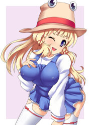 Rule 34 | 1girl, aged up, alternate breast size, alternate hair length, alternate hairstyle, bitaraga, blonde hair, blue eyes, blush, breasts, female focus, garter straps, hand on breast, hand on own chest, hat, impossible clothes, large breasts, long hair, long sleeves, moriya suwako, one eye closed, open mouth, purple background, purple eyes, simple background, skirt, smile, solo, thighhighs, touhou, white thighhighs, wink