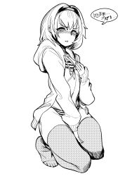 Rule 34 | 10s, 1girl, artist request, bikini, covering privates, covering breasts, embarrassed, greyscale, headband, highres, jin rou, kneeling, monochrome, ryuuou no oshigoto!, short hair, sketch, sora ginko, swimsuit, thighhighs, white background