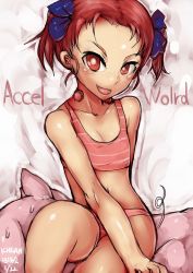 Rule 34 | 10s, 1girl, accel world, artist name, blue bow, bow, collarbone, copyright name, dated, freckles, grin, hair bow, ichigai (hayawossan), knee up, kouzuki yuniko, looking at viewer, midriff, on animal, pig, pig tail, red eyes, red hair, sitting, smile, solo, sweat, swimsuit, tail, thighs, two side up, typo, white background
