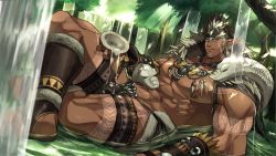 Rule 34 | 1boy, abs, bara, bare pectorals, bellsaltr, brown hair, bulge, coconut, dark-skinned male, dark skin, facial hair, feather necklace, feet out of frame, forest, goatee, headband, highres, large pectorals, leg tattoo, long sideburns, looking at viewer, lying, male focus, mature male, multicolored hair, muscular, muscular male, nature, navel, necklace, nipples, on back, pectorals, pouring, pouring onto self, revealing clothes, sexually suggestive, short hair, sideburns, smile, snake, solo, spiked hair, stomach, stomach tattoo, tangaroa (housamo), tattoo, thick thighs, thighs, tokyo houkago summoners, tooth necklace, tribal, tribal tattoo, two-tone hair, white hair, white snake, yellow eyes