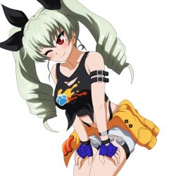 1girl absurdres anchovy_(girls_und_panzer) arm_strap bansy_(project_mugen) bansy_(project_mugen)_(cosplay) black_panties black_ribbon black_shirt blue_gloves closed_mouth clothes_around_waist commentary cosplay drill_hair english_commentary fingerless_gloves front-tie_top girls_und_panzer gloves green_hair grey_shorts hair_ribbon hands_on_own_thighs highleg highleg_panties highres invisible_chair long_hair looking_at_viewer navel one_eye_closed panties print_shirt project_mugen recker red_eyes ribbon shirt short_shorts shorts simple_background sitting sleeveless sleeveless_shirt smile solo sweater sweater_around_waist twin_drills twintails underwear white_background