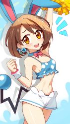 Rule 34 | 1girl, animal ears, azumarill, azumarill (cosplay), blush, bow, breasts, brown eyes, brown hair, choker, cleavage, cosplay, creatures (company), crop top, earrings, fake animal ears, fake tail, game freak, gen 2 pokemon, gloria (pokemon), highres, holding, holding pom poms, jewelry, looking at viewer, medium breasts, navel, nintendo, open mouth, pokemon, pokemon swsh, pom pom (cheerleading), pom poms, red bow, shiny skin, shirosu, short hair, short shorts, shorts, smile, solo, sweat, tail, teeth, upper teeth only, white shorts