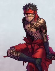 Rule 34 | 1boy, angra mainyu (fate), brown hair, collarbone, dark-skinned male, dark skin, fate/hollow ataraxia, fate (series), grey background, grin, invisible chair, looking at viewer, male focus, shibakou, short hair, simple background, sitting, smile, solo, spiked hair, tattoo, topless male, yellow eyes