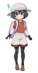 Rule 34 | 1girl, backpack, bag, beige shorts, black gloves, black hair, black pantyhose, blue eyes, brown pantyhose, commentary request, full body, gloves, helmet, highres, kaban (kemono friends), kemono friends, loafers, looking at viewer, pantyhose, pith helmet, ransusan, red shirt, shirt, shoes, short hair, short sleeves, solo, t-shirt