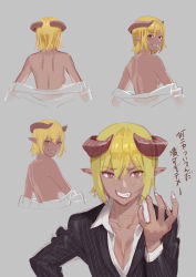 Rule 34 | 1girl, black jacket, blonde hair, bob cut, breasts, character request, clenched teeth, collared shirt, dark-skinned female, dark skin, fangs, fingernails, grey background, grin, hand up, highres, horns, jacket, long sleeves, looking at viewer, medium breasts, meikyuu black company, multiple views, nail polish, pointy ears, sharp fingernails, shirt, short hair, sketch, smile, teeth, translation request, undressing, white nails, white shirt, wing collar, yukiyoshi mamizu