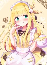 Rule 34 | 1girl, :3, :p, apron, baram, blonde hair, blunt bangs, blush, braid, commentary request, crown braid, dress, green eyes, heart, highres, long hair, looking at viewer, maid headdress, mononobe alice, nijisanji, puffy short sleeves, puffy sleeves, short sleeves, simple background, smile, solo, teapot, tongue, tongue out, virtual youtuber, yellow background, yellow dress