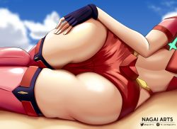 Rule 34 | 1girl, absurdres, artist name, ass, ass focus, female focus, fingerless gloves, from behind, gloves, head out of frame, highres, huge ass, lying, nagaiarts, on side, pyra (xenoblade), red shorts, shiny clothes, shiny skin, short shorts, shorts, solo, thick thighs, thighhighs, thighs, twitter username, watermark, web address, xenoblade chronicles (series), xenoblade chronicles 2