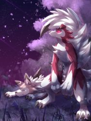 Rule 34 | claws, closed mouth, colored sclera, commentary request, creatures (company), drooling, closed eyes, falling petals, from side, furry, game freak, gen 7 pokemon, highres, ivan (ffxazq), lycanroc, lycanroc (midday), lycanroc (midnight), lying, mouth drool, night, nintendo, on stomach, outdoors, petals, pink eyes, pink sclera, pokemon, pokemon (creature), sky, sleeping, standing, star (sky), white fur