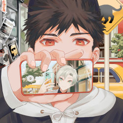 2boys blue_eyes brown_hair car cellphone closed_mouth commentary covered_mouth drawstring grey_hair highres holding holding_phone hood hood_down hoodie jewelry long_sleeves looking_at_viewer male_focus mege_(megechan) motor_vehicle multiple_boys original outdoors phone poster_(object) red_eyes ring road_sign short_hair sign smartphone smile taking_picture tree upper_body white_hoodie