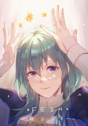 Rule 34 | 1girl, absurdres, anniversary, armor, arms up, artist name, blue eyes, byleth (female) (fire emblem), byleth (fire emblem), closed mouth, collar, commentary request, copyright name, fingernails, fire emblem, fire emblem: three houses, floating, floating object, gakko (gacco38), green hair, hair between eyes, highres, light, lips, long hair, looking at viewer, nintendo, pink lips, shoulder armor, smile, solo, star (symbol), upper body