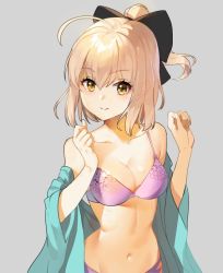 Rule 34 | 1girl, ahoge, bad id, bad twitter id, bare shoulders, black bow, blonde hair, blush, bow, bra, breasts, cleavage, closed mouth, ears visible through hair, fate (series), grey background, hair bow, half updo, hands up, koha-ace, long sleeves, medium breasts, navel, off shoulder, okita souji (fate), okita souji (koha-ace), open clothes, panties, pink bra, pink panties, ponytail, short hair, shovelwell, simple background, smile, solo, stomach, underwear, upper body, w arms, wide sleeves, yellow eyes