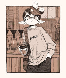 Rule 34 | 1girl, alternate costume, alternate hair length, alternate hairstyle, bag, border, bow-shaped hair, callie (splatoon), character name, closed mouth, clothes writing, commentary request, cup, disposable cup, drinking straw, earrings, hand in pocket, highres, holding, holding cup, inkling, jewelry, limited palette, long sleeves, looking at viewer, mole, mole under eye, nintendo, pointy ears, shirt, short hair, shoulder bag, smile, solo, splatoon (series), star-shaped pupils, star (symbol), swept bangs, symbol-shaped pupils, tentacle hair, white border, yuta agc