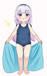Rule 34 | 1girl, blue one-piece swimsuit, blunt bangs, blush, collarbone, covered navel, crybabyglo, flat chest, full body, gradient hair, hairband, highres, kanna kamui, kobayashi-san chi no maidragon, light purple hair, low twintails, multicolored hair, one-piece swimsuit, parted lips, simple background, slit pupils, solo, swimsuit, towel, twintails