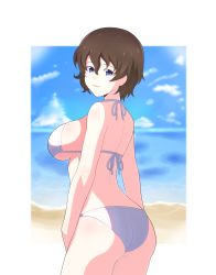 Rule 34 | 1girl, absurdres, akaboshi koume, ass, back, beach, bikini, blue eyes, blue sky, blurry, blurry background, breasts, brown hair, cloud, cloudy sky, commentary, cowboy shot, day, from behind, girls und panzer, halterneck, highres, horizon, iteza (flapper girl 25), looking at viewer, looking back, medium breasts, ocean, outdoors, outside border, parted lips, short hair, sideboob, sky, smile, solo, standing, swimsuit, wavy hair, white bikini