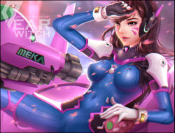 Rule 34 | 1girl, arms up, artist name, bearwitch, black border, blurry, blush, bodysuit, border, breasts, brown eyes, cameltoe, cherry blossoms, chromatic aberration, d.va (overwatch), depth of field, facepaint, facial mark, gloves, headgear, long hair, lying, machinery, mecha, medium breasts, on back, overwatch, overwatch 1, petals, robot, smile, solo, spread legs, watermark, web address, whisker markings, white gloves