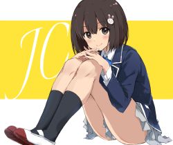 Rule 34 | 1girl, text background, black socks, blazer, blue bow, blue bowtie, blush, bow, bowtie, brown eyes, brown hair, closed mouth, collared shirt, commentary request, fingers together, full body, grey skirt, hair ornament, hands on own knees, highres, jacket, knees up, kono bijutsubu niwa mondai ga aru!, legs together, long sleeves, looking at viewer, pleated skirt, rabbit hair ornament, rauto, school uniform, shirt, short hair, sitting, skirt, smile, socks, solo, two-tone background, two-tone footwear, usami mizuki, white background, yellow background