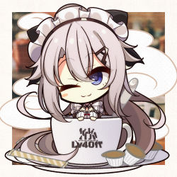 Rule 34 | 1girl, 7:08, 9a-91 (girls&#039; frontline), apron, blue eyes, blush stickers, breasts, chibi, closed eyes, commentary request, cup, girls&#039; frontline, hair between eyes, hair ornament, highres, long hair, maid, maid headdress, one eye closed, plate, silver hair, smile, solo, spoon, teacup