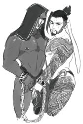 Rule 34 | 2boys, bara, chain, cuffs, facial hair, francishsie, handcuffs, hanzo (overwatch), male focus, mask, monochrome, multiple boys, overwatch, overwatch 1, reaper (overwatch), restrained, tagme, tattoo, topless male, underwear, white background, yaoi