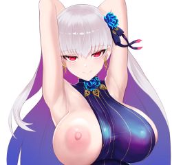 Rule 34 | 1girl, bare shoulders, blue hair, blue one-piece swimsuit, blush, breasts, earrings, fate/grand order, fate (series), flower, hair flower, hair ornament, hair ribbon, jewelry, kama (fate), kama (swimsuit avenger) (fate), kama (swimsuit avenger) (third ascension) (fate), kunabishi, large areolae, large breasts, long hair, looking at viewer, lotus, multicolored hair, nipples, one-piece swimsuit, red eyes, ribbon, silver hair, smile, solo, star (symbol), star earrings, swimsuit, two-tone hair