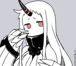 Rule 34 | 10s, 1girl, abyssal ship, breasts, claws, commentary request, detached sleeves, dress, female focus, horns, kantai collection, large breasts, long hair, red eyes, ribbed dress, seaport princess, short dress, simple background, single horn, solo, tears, very long hair, white hair, yuzuki gao