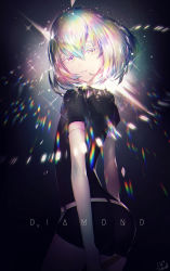 Rule 34 | androgynous, arms at sides, artist name, black shirt, black shorts, character name, cowboy shot, diamond (houseki no kuni), from side, gender request, grey eyes, hair between eyes, highres, houseki no kuni, looking at viewer, looking back, mairo, multicolored hair, parted lips, rainbow, shirt, short hair, short shorts, short sleeves, shorts, signature, silver hair, smile, solo