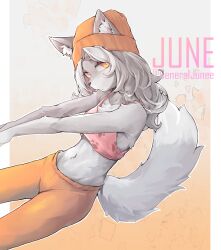 Rule 34 | 1girl, animal ear fluff, animal ears, animal nose, beanie, body fur, character name, commission, crop top, dutch angle, dutka25, ears through headwear, furry, furry female, gradient background, grey fur, grey hair, hat, highres, indie virtual youtuber, long hair, looking at viewer, navel, orange hat, orange pants, outside border, pants, pillarboxed, solo, stomach, stretching, sweatpants, tail, twitter username, wolf ears, wolf girl, wolf tail, yellow eyes