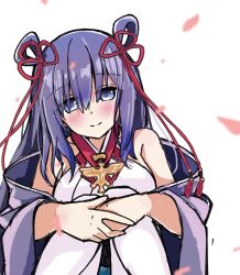 Rule 34 | 1girl, atsushi (aaa-bbb), bare shoulders, blue eyes, blue hair, blush, closed mouth, detached collar, detached sleeves, falling petals, flower knot, hair rings, haori, holding own wrist, japanese clothes, knees up, kumano sanshou gongen nagamitsu, long hair, off shoulder, open mouth, petals, sketch, smile, solo, tenka hyakken, thighhighs, white thighhighs