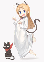 Rule 34 | 1girl, 1other, :d, absurdres, animal, animal ears, aomoro, barefoot, blue eyes, cat, cat ears, cat tail, chinese commentary, coat, full body, highres, lab coat, long hair, long sleeves, looking at viewer, neckerchief, necktie, nichijou, open mouth, orange hair, professor shinonome, red neckerchief, sakamoto (nichijou), smile, tail, white coat